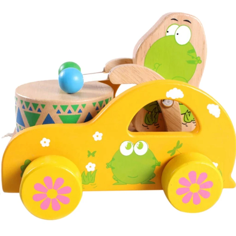 

Frog Pull Line Car Frog Beat Drum Car Eucalyptus Wooden Drag Toy Car
