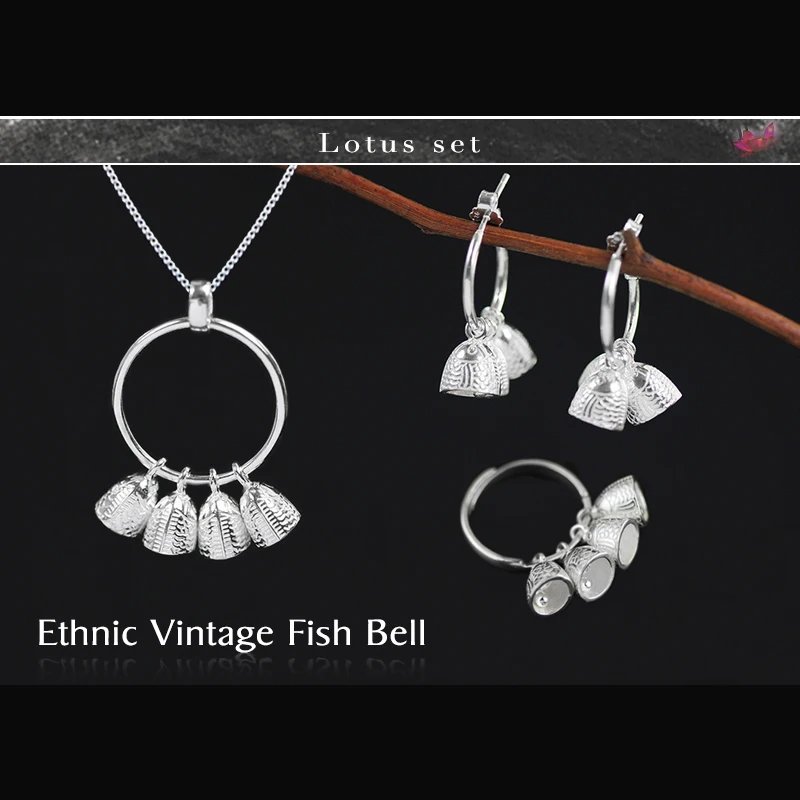 

Lotus Fun Real 925 Sterling Silver Natural Creative Handmade Designer Fine Jewelry Ethnic Vintage Fish Bell Jewelry Set