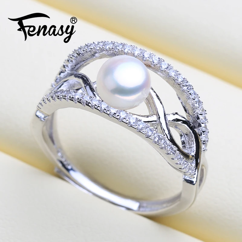 

FENASY Pearl Jewelry Crown Design Round Pearl Rings Natural Freshwater Pearl Wedding Engagement Rings For Women