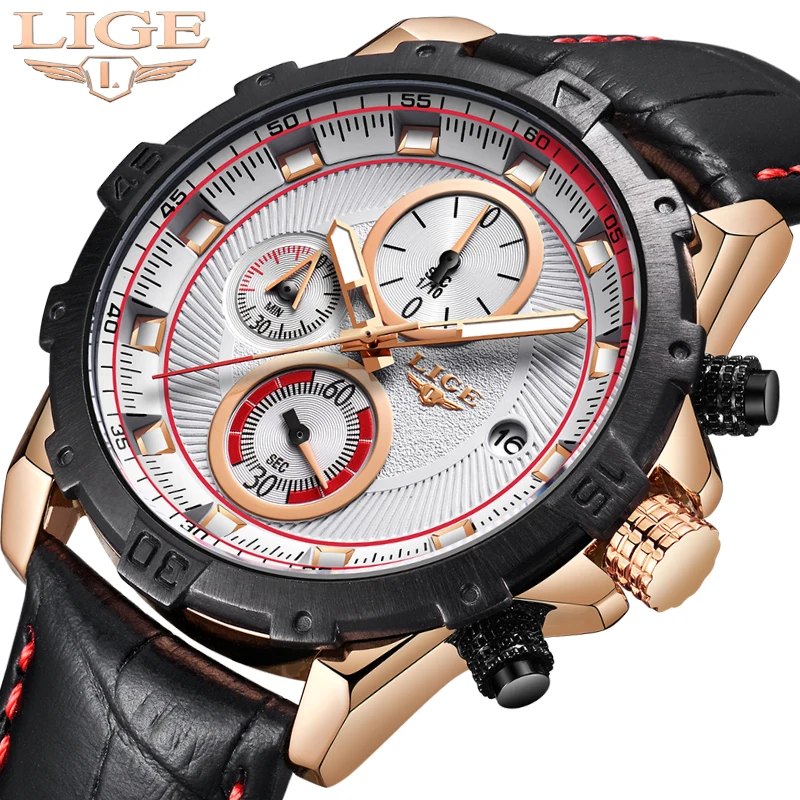 

2018LIGE New Men's Leather Business Watch Fashion Casual Sport Quartz Watch Automatic Date Illuminated Pointer Relogio Masculino