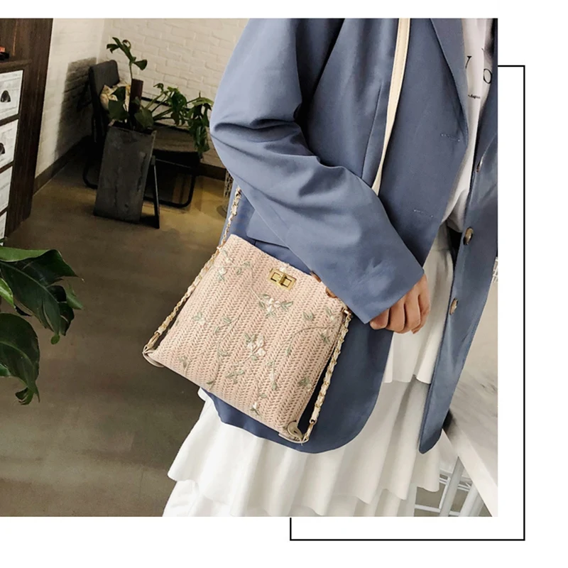 

FGGS-Straw Bags For Women Simple Straw Bag Lace Chain Messenger Bag Fashion Shoulder Bag