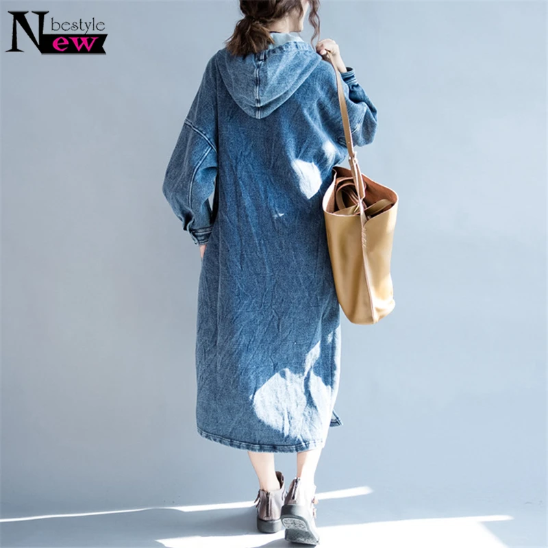 2019 New Women Denim Dress Casual Loose Denim Dresses Pockets Long Dress Cowboy Women Hooded Jeans Dress Plus Size Dropshipping