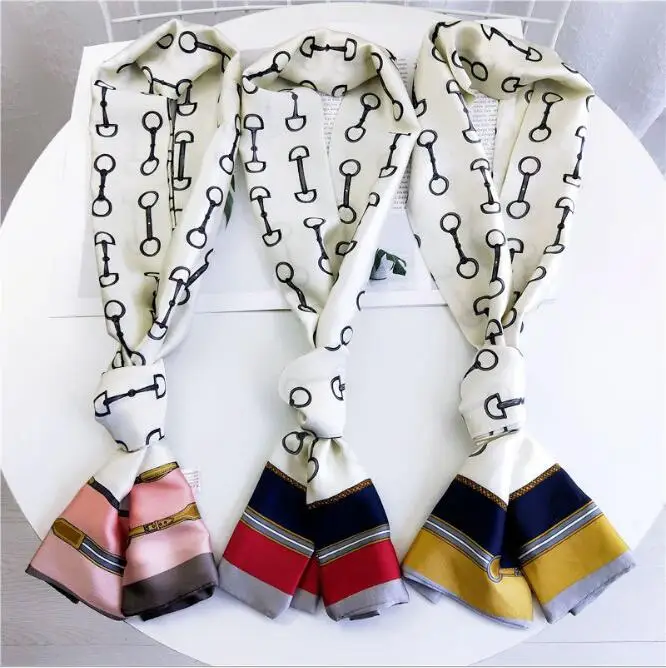 

New Style 145*15cm Women Vintage Silk Scarf Soft Long Head Scarf Wave tripe Print Kerchief Elegant Neck Shawl Wrap