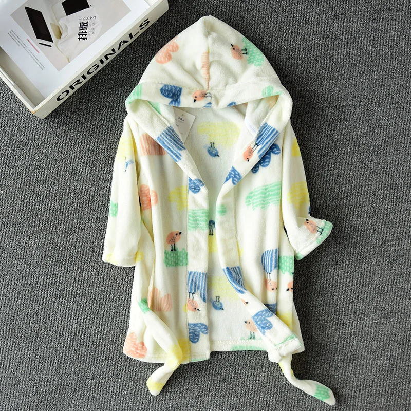 Child's Winter Flannel Soft Warm Long Bathrobe Hooded Robes Boys/girls