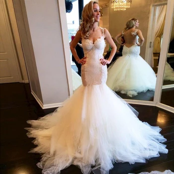 

Sofuge Sweetheart Sleeveless Spaghetti Straps Custom Vintage Mermaid Bridal Dresses Lace Sexy Backless Wedding Dresses