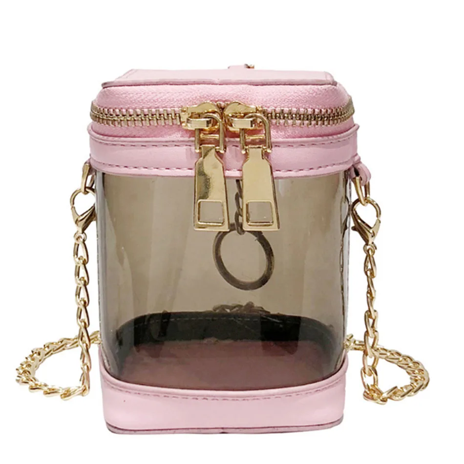 

Fashion Women Transparent Bag Clear PVC Small Bucket Messenger Bags long chain Shoulder Bag Female Lady bag