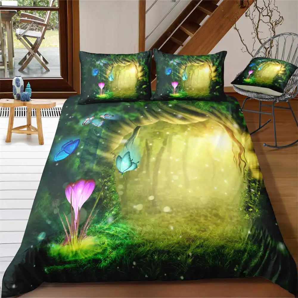

3D Mysterious Forest Bed Linen Set Girls Dream Duvet Cover and Pillowcase Set US Twin Bedclothes Bed Bedding Duvet Cover Set