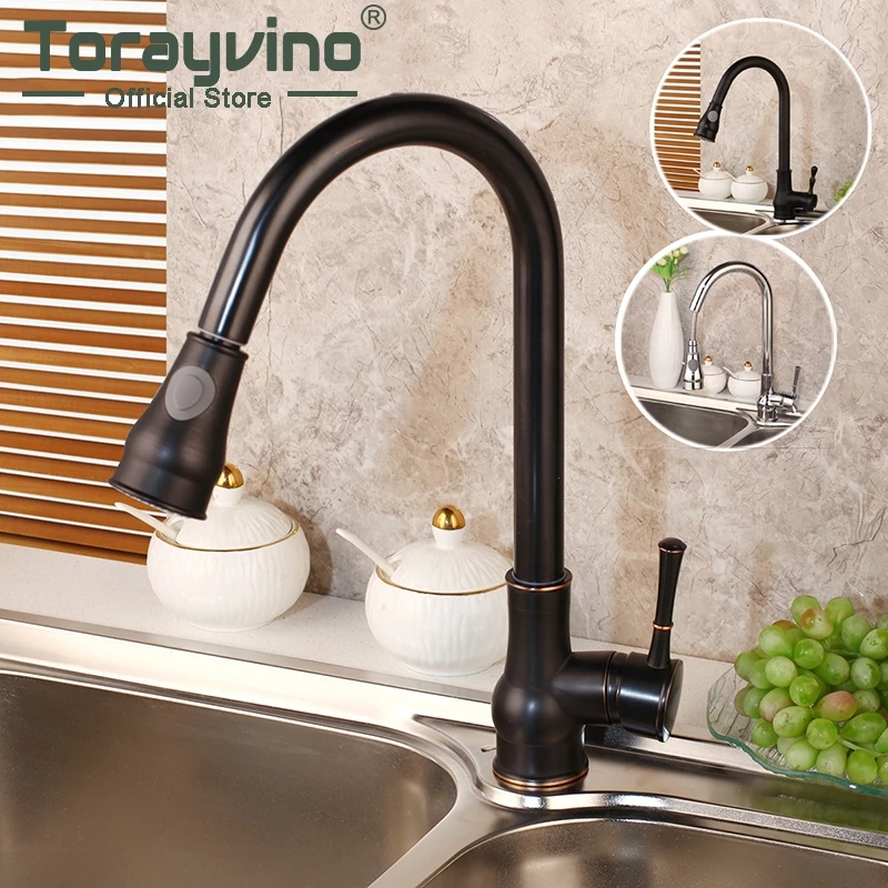 Torayvino Kitchen Faucets Silver Black Single Handle Pull Out