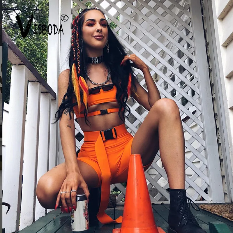 

Women 2 Pieces Sets Sexy Buckle Bralette Tank And Shorts Fashion Summer Ladies Neon Orange Bandage Cropped Top Beach Wear Femme