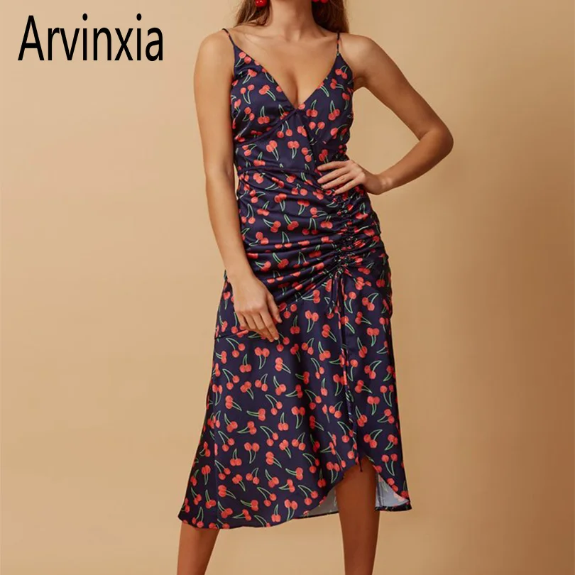 

Arvinxia ZA Chic Strapless Cherry Printed Lady Dress Casual Floral Printed Woman Dress New Bodycon Spaghetti Strap Girl Vestidos