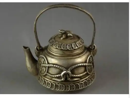 

decoration white Copper silver factory outlets Chinese Old Handwork Miao Silver Carve Coin & Frog Lid Get Rich Auspicious Teapot