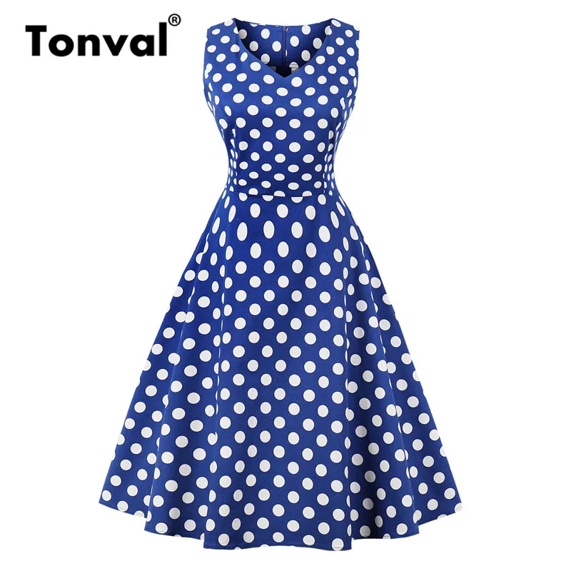 Kaufen Tonval Rockabilly Vintage Navy Blau Floral EINE Linie Kleid Frauen V Neck Baumwolle Casual Kleid 2019 Retro Sommer Kleider