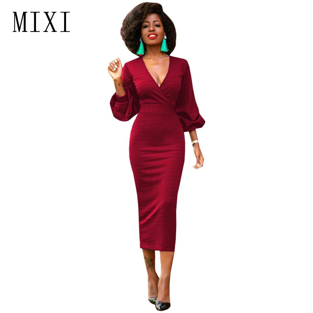 

MIXI Women Vintage Dress 3/4 Sleeve V Neck Casual Work Office Party Pencil Dresses Blue Black Red Elegant Mid-Calf Bodycon Dress
