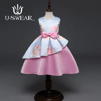 

U-SWEAR 2019 New Arrival Kid Flower Girl Dresses O-neck Sleeveless Flower Print Ruffles Bow Girls Ball Gown Vestidos