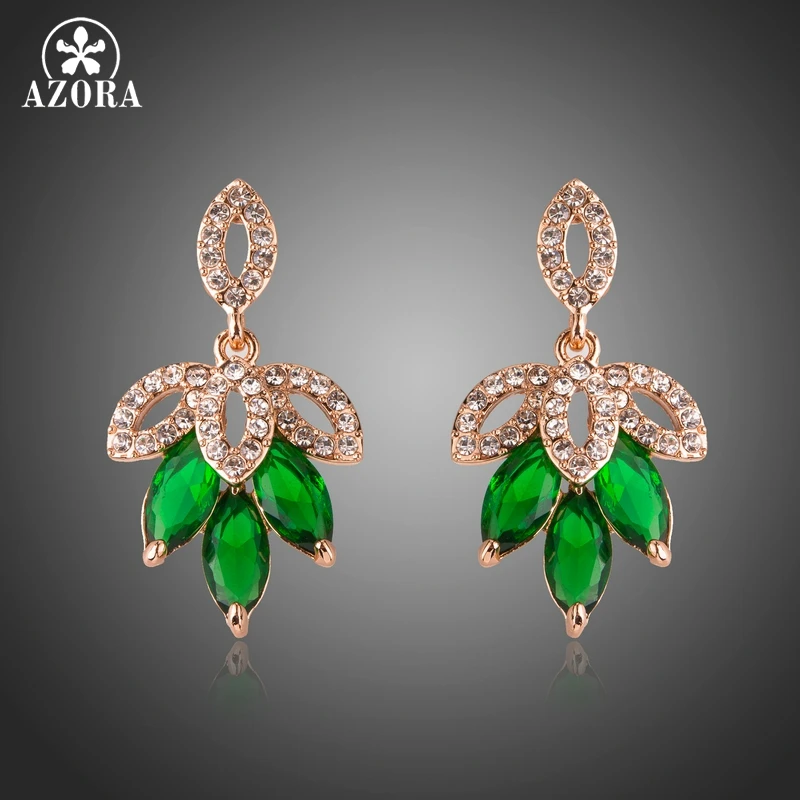 

AZORA Hot Green Cubic Zirconia Leaves Rose Gold Color Drop Earrings for Party & Wedding TE0271