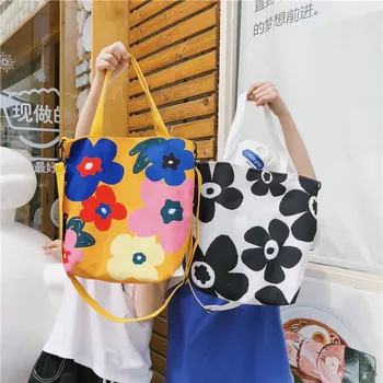 

Flower canvas bag small flower crossbody bag Japanese girl heart large capacity college students class bag