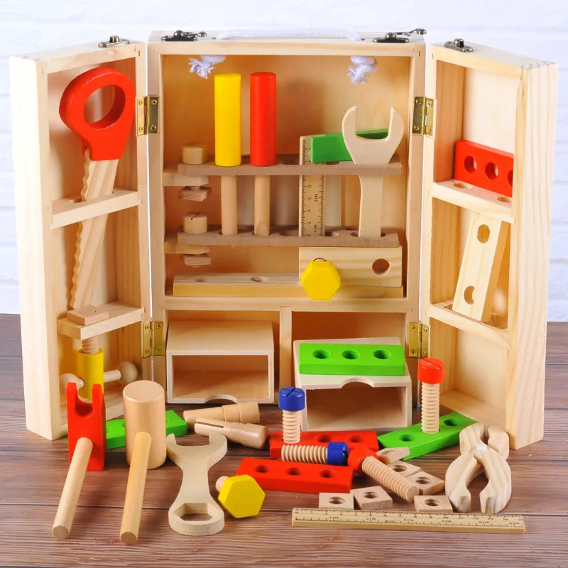 

Infant Shining Wooden Simulation Portable Toolbox Boy Wooden Repair Kit for Intelligence Building Children's Education