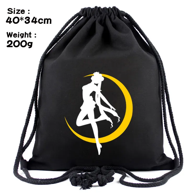 

Unisex anime Sailor Moon drawstring bags black canvas supply llama Draw string bag