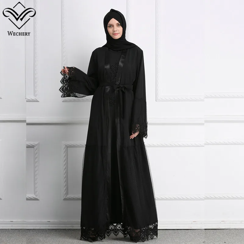 Wechery, черное мусульманское платье, открытые кружевные макси платья абайя для женщин, элегантные большие размеры, jilбаб, Бангладеш, Дубай, абайя