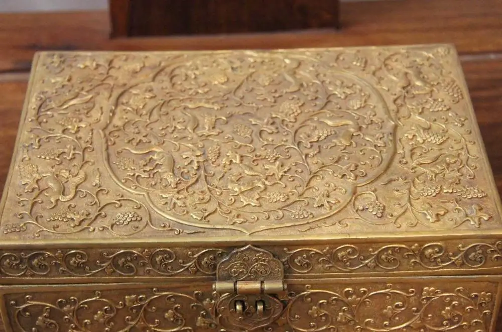 Vintage Handmade carve engraved Copper 24K Gold Gilt Jewellery Box