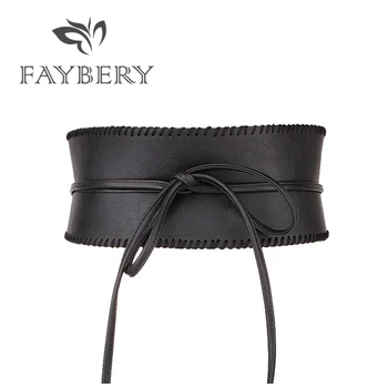 Elegant Self Tie Wide Belts for Women Soft PU Leather Bowknot Belt Obi Style Wrap Around Waistband Black Long Dress Belts sweet style flared sleeves shirt with self tie bowknot
