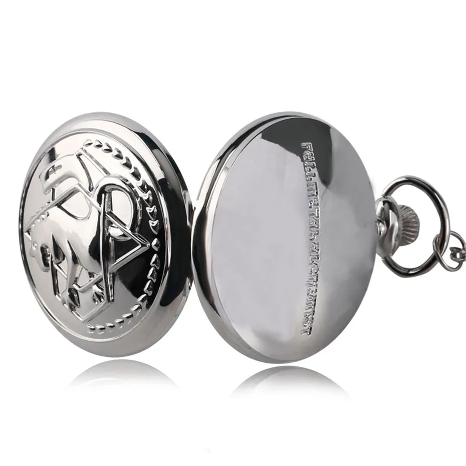 Серебряный чехол, карманные часы для косплея Эдварда Элрика из стальной алхимики с большой цепочкой, подарок для мальчиков из аниме, цена, P423C