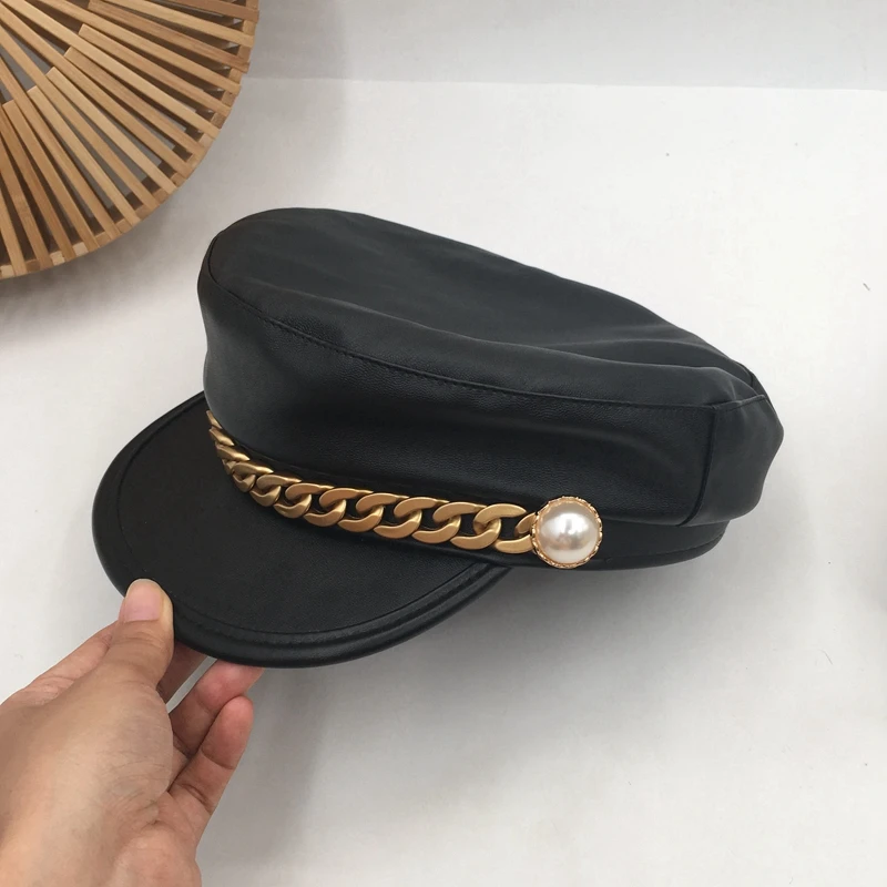 

Europe and the United States the new temperament pu golden chain cap joker black sailor hat newsboy sailor hat Visors navy cap