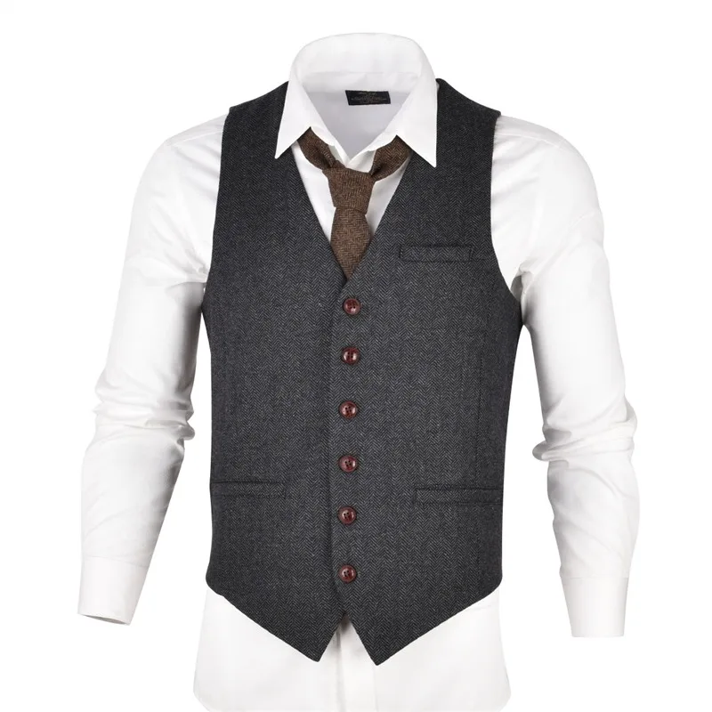 Gray Mens Suit Vest Sleeveless Male Woolen Herringbone Waistcoat Slim