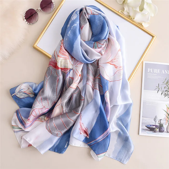 Элитный бренд Для женщин шелковый шарф, Пляжный платок и эко-шарф хиджаб Обёрточная бумага Дизайнерские шарфы для женщин женская накидка для пляжа бандана - Цвет: F278blue