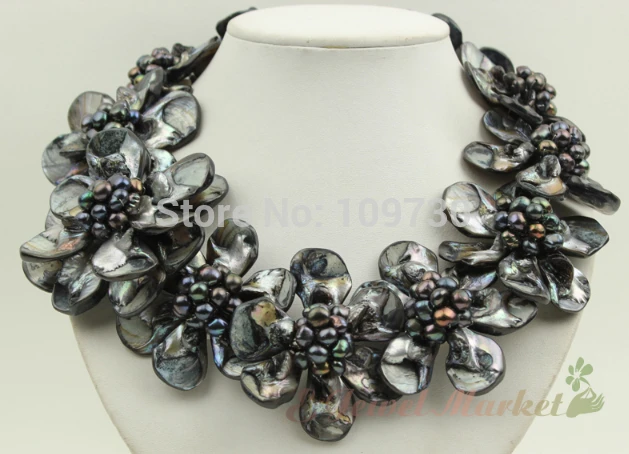 

Jewelry 00781 black shell black Baroque FW pearl flower necklace earrings set hot