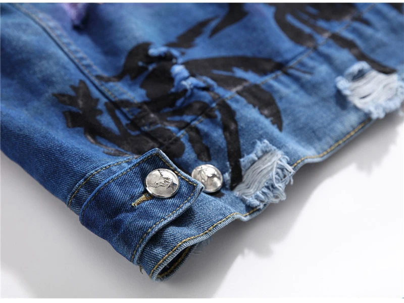 Мужская свободная джинсовая куртка Sokotoo, верхняя одежда из рваного денима с принтом «Кокосовая пальма» и «Буквы»