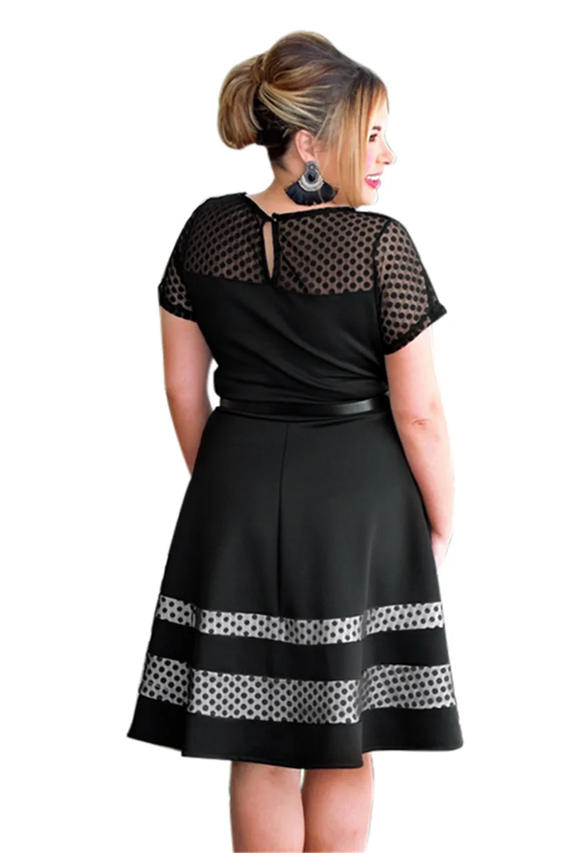 Black-Dotted-Mesh-Insert-Flare-Plus-Size-Dress-with-Belt-LC61970-2-2