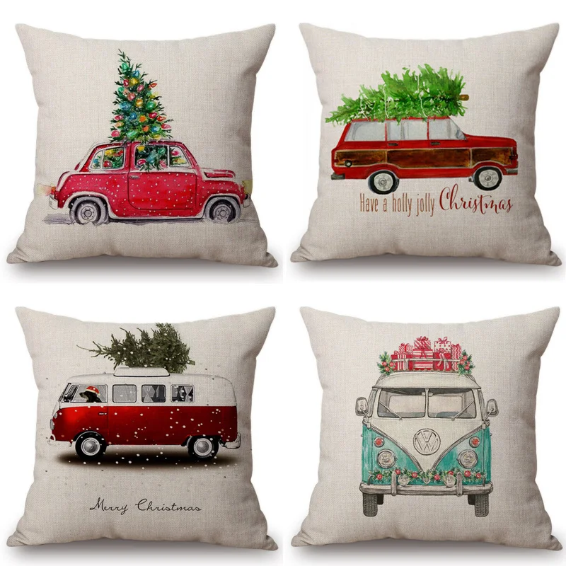 

Watercolor Painting Car Christmas Tree Print Cushion Cover Red Vintage Winter Snow Car Decorative Sofa Chair Throw Pillow Cover