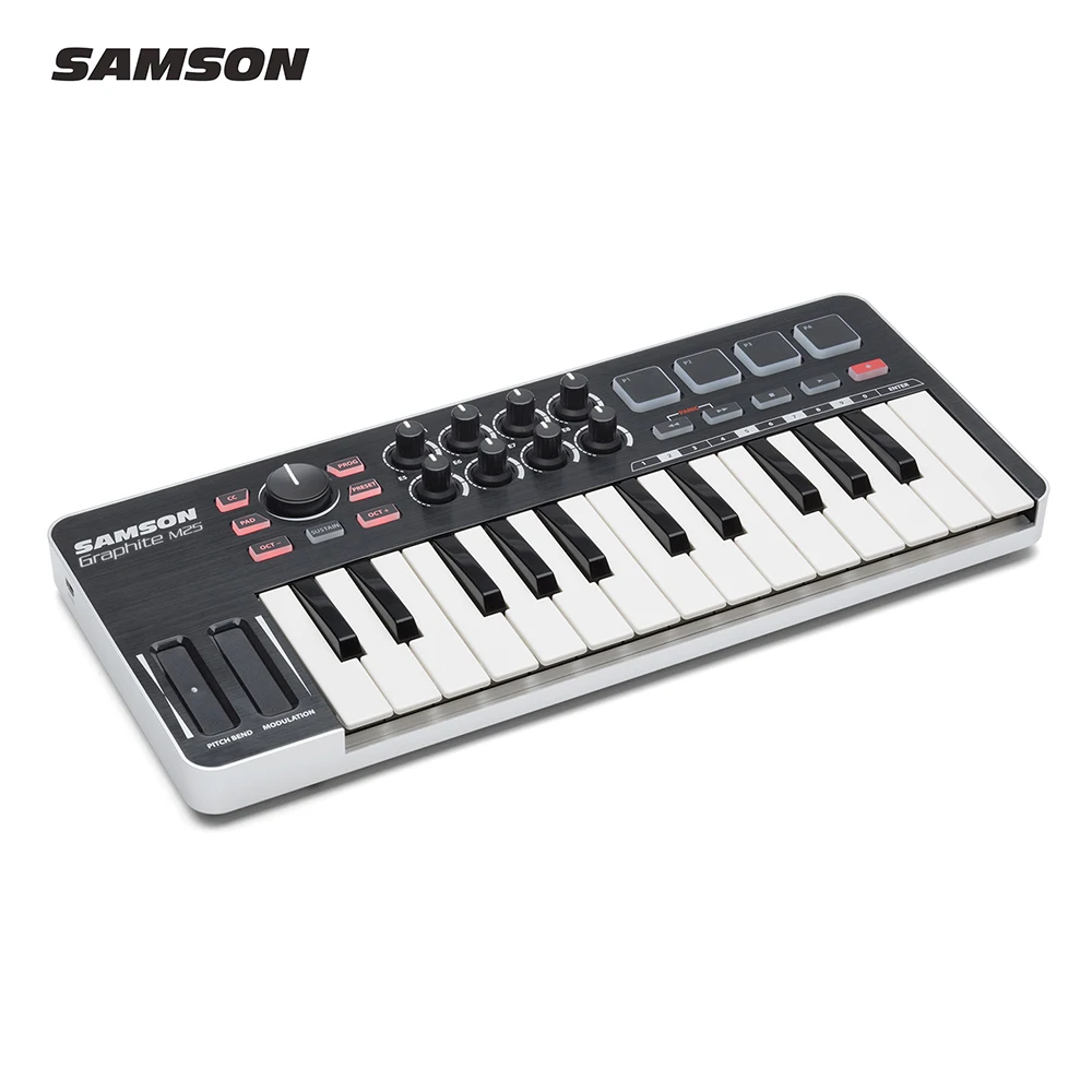 

SAMSON Graphite M25 Ultra-Portable Mini 25-Key USB MIDI Keyboard Controller with USB Cable (4 Pads/ 8 Assignable Knobs)