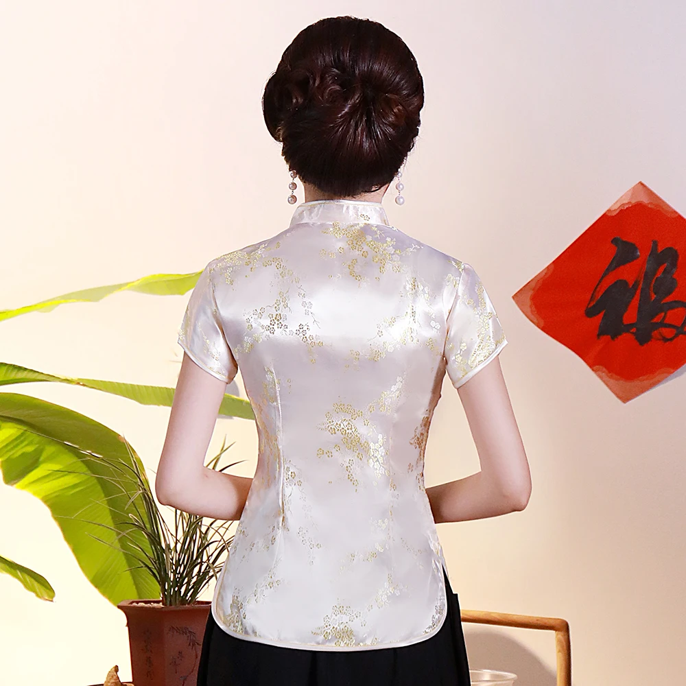 SEXY Flower Women Vintage Satin Blouse Oversize 3XL 4XL Lady Shirt Chinese Traditional Clothing Summer Short Sleeve Tops 04310