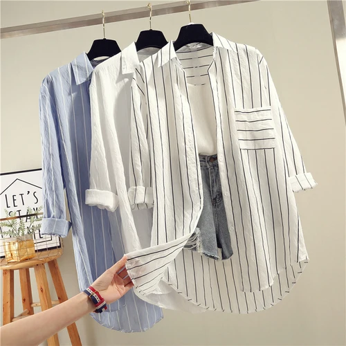 

Women's chiffon Striped Casual Blouses And 2019 Spring Button Down Loose Long Sleeve Shirt Womens Tops