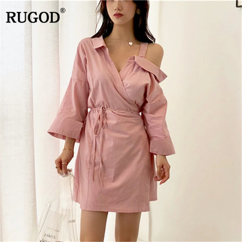 

Rugod 2019 Summer Sexy Asymmetrical Collar Belted Long Shirt Dress Women Casual Pink Beige Slim Mini Dress Befree Vestidos Mujer