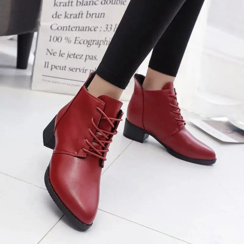 

Women Boots Shoes Winter Martin Boots 4cm Thick High Heel Pointed Toe Cross-tied Casual Student Boots Female Pumps Booties Shoes