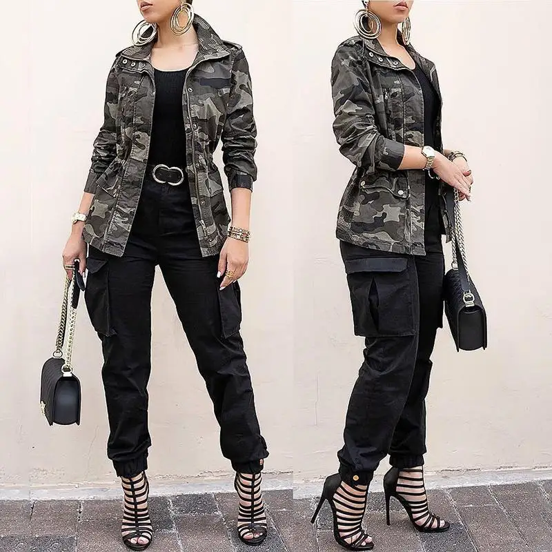 Весенняя женская модная элегантная уличная куртка, Женская камуфляжная куртка в стиле милитари с карманами на молнии