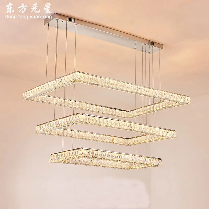 

LED crystal pendant light lamp rectangular 3 rings dimmable with remote control living room restaurant hanging lamp
