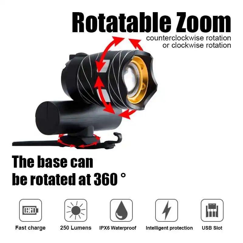 Flash Deal 15000lm T6 LED Zoomable Bike Front Light Headlamp+ Red Tail Rear Light Bicycle Headlight USB rechargeable bike lamp Flash Light 4