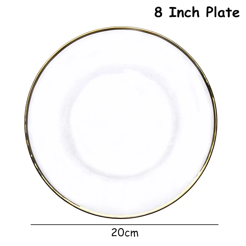 Стеклянная тарелка с золотым краем, столовая посуда, салатник, тарелка для ужина, прозрачный поднос для еды, элегантный из стекла, посуда, миска для супа, 1 шт - Цвет: 8 Inch Plate