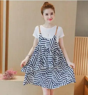 Maternity Suits 2018 Summer Geometric Stripe Pattern Strap Dress + Short-sleeved T-shirt  Clothes for Pregnant Women QL8808