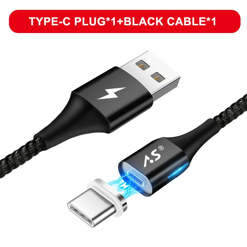 A.S светодиодный магнитный USB кабель для iPhone Micro USB кабель USB C магнит быстрое зарядное устройство нейлоновый кабель для передачи данных для samsung Xiaomi huawei - Цвет: Black for Type C