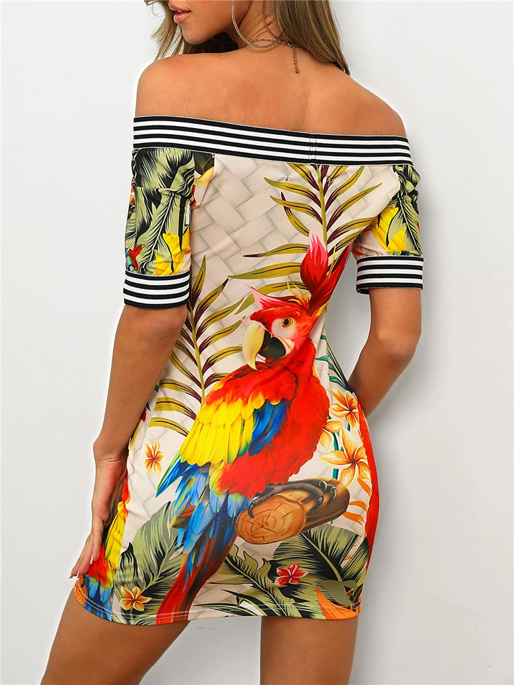 Летнее женское элегантное облегающее платье с принтом, Повседневные Вечерние платья с открытыми плечами, с рисунком птицы, в полоску, с лентой, комбинированное мини-платье