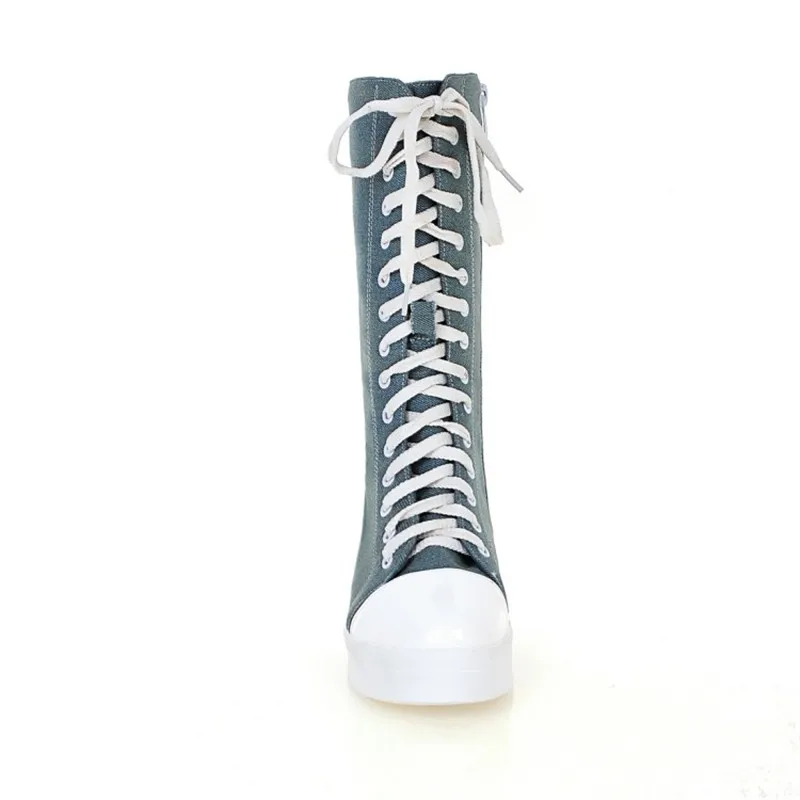 Fashion Canvas Lace Up Women Knee High Boots Round Toe Short Plush Women Snow Boots Tall Punk Casual Flat Platform Shoes Boots (17)
