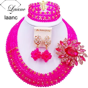 

Laanc Latest Women African Beads Jewelry Set Hot Pink Gold AB Crystal Beaded Necklace and Earrings for Wedding C5RST042