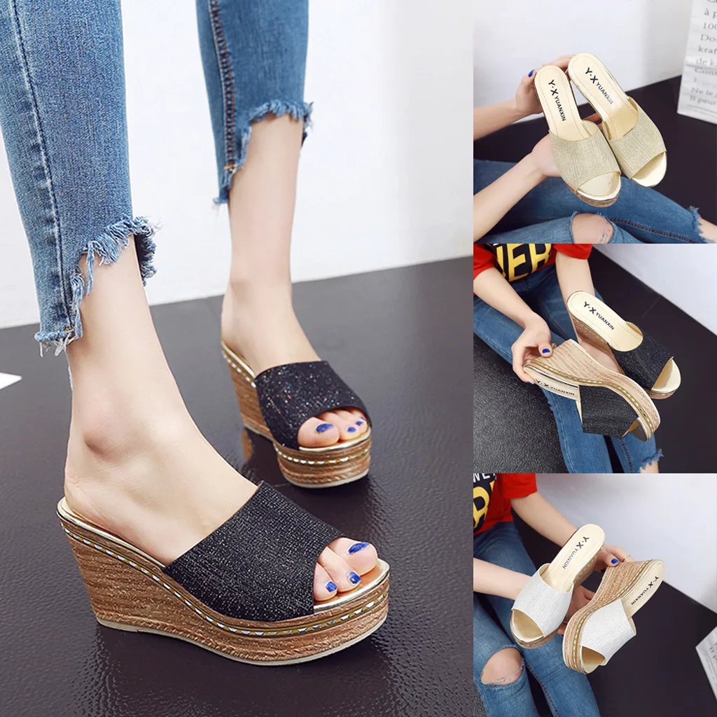 

Women Thick Bottom Shoes Sequin Casual Summer High Heels Wedges Fashion Non-Slip Slip On Beach Sandals Leisure Style size 35-39