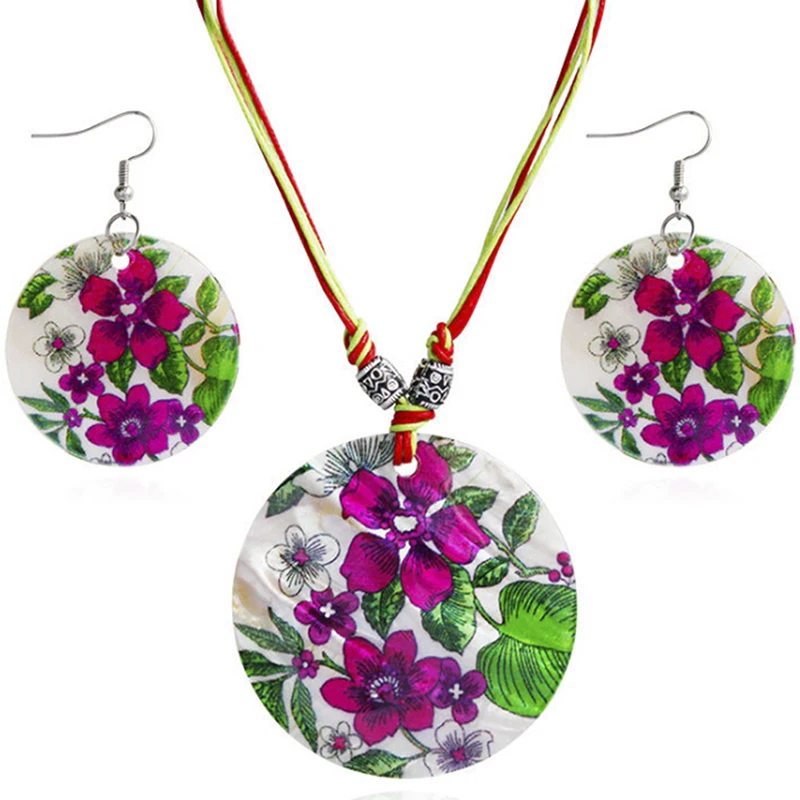 

Natural Shell Jewelry Sets For Women Boho Flower Bouquet Earring Necklace Set Bijoux Femme Wax Rope Chain Boho Ethnic Rubi