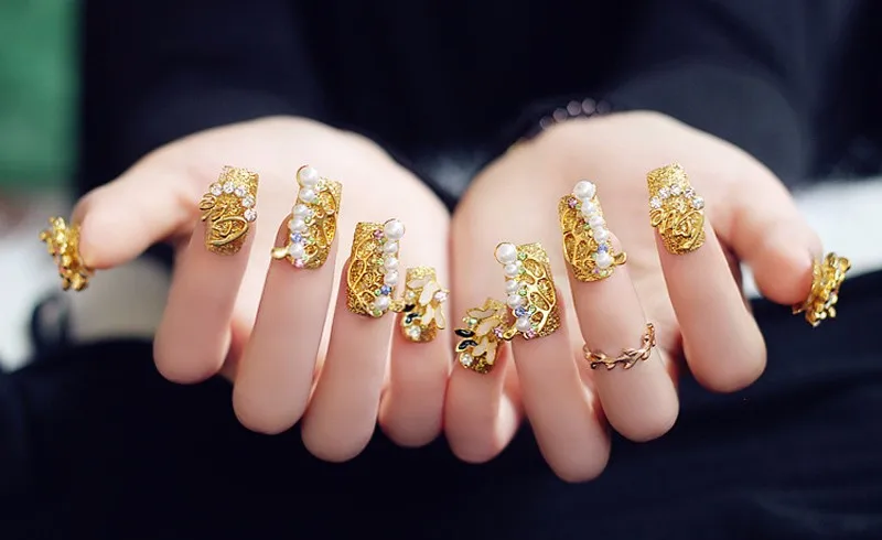 3D Роскошные золотые бабочки металлические поддельные накладные ногти Длинные Красивые Nep Nagels искусственные полностью покрывающие Стразы Unha украшения для ногтей